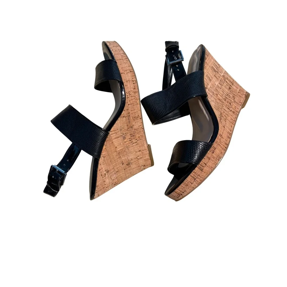 Nine West Lucini Black Snakeskin Patent Cork Wedge Sandals Womens 8.5 M